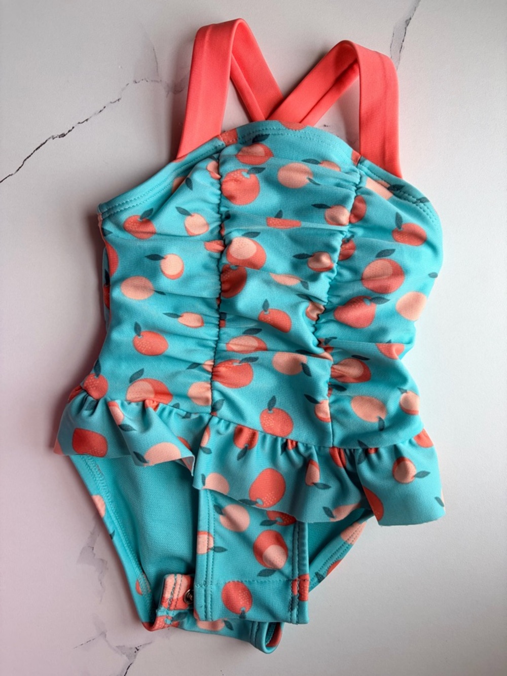 Cat & Jack Aqua Peach Print One-Piece Swimsuit with Coral Straps Worn Once